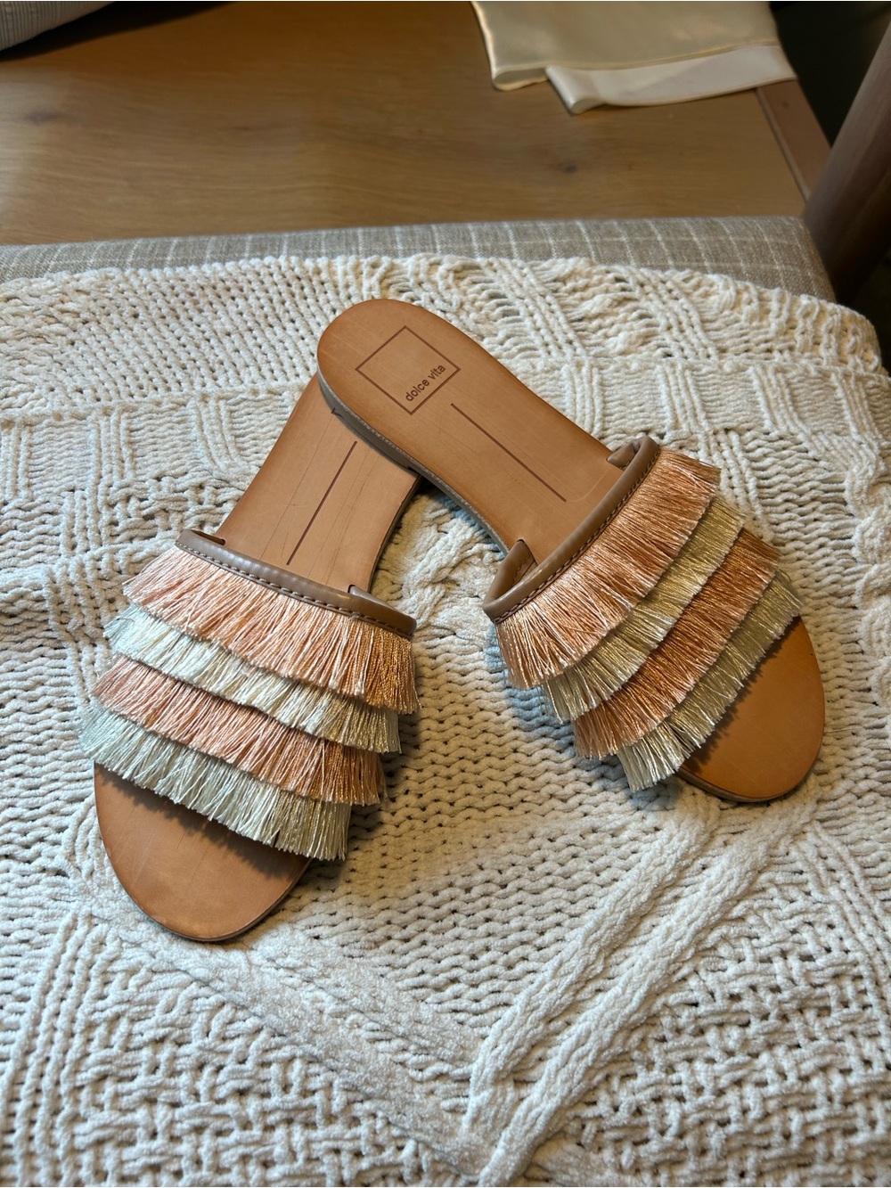 Dolce Vita Layered  Boho Fringe Slide Sandals in Blush and Cream